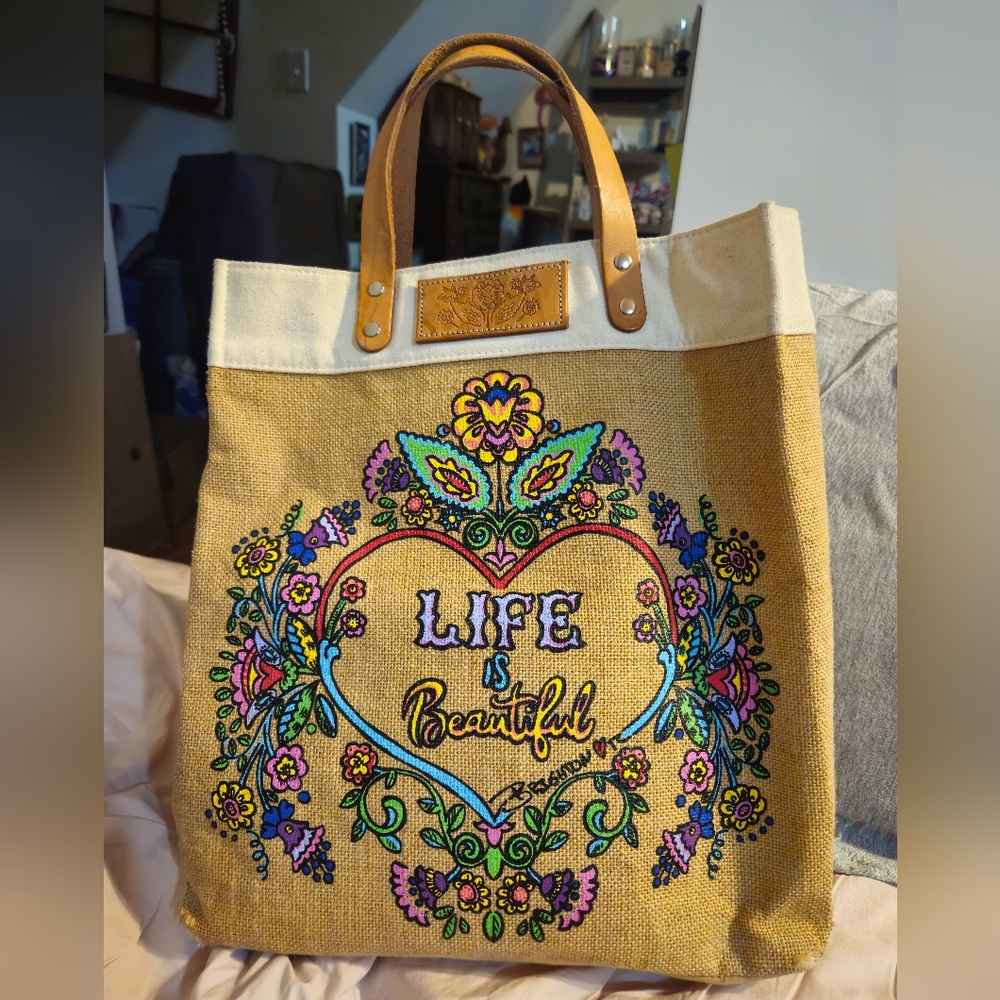 Brighton Life Is Beautiful Burlap Tote Multi #H10036 Leather Handles